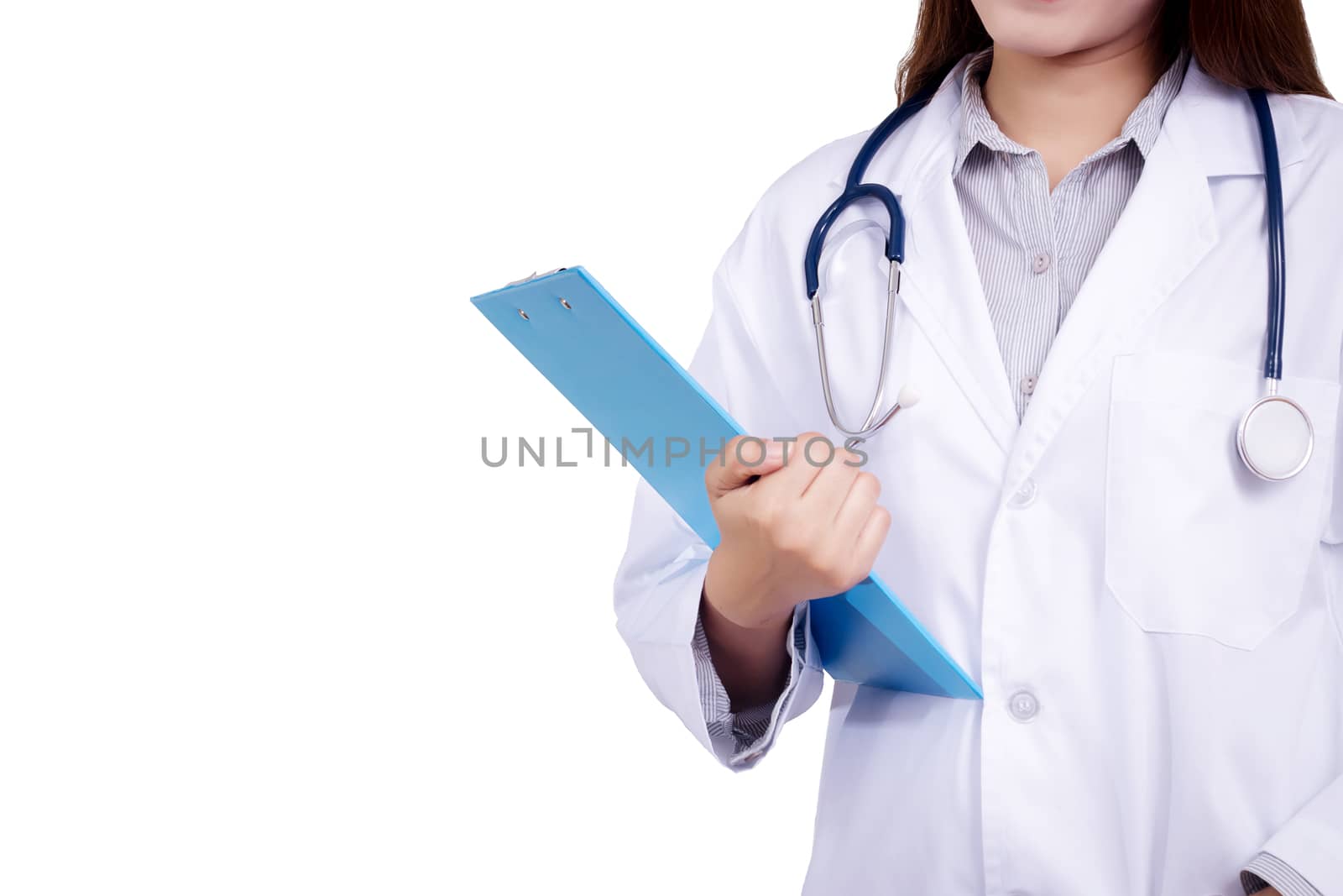 Young Asian doctor with doctor gown uniform with stethoscope holding a clipboard . Beautiful Asia female model in her 20s. Isolate on white background. Clipping path with copy space, anonymous face by asiandelight