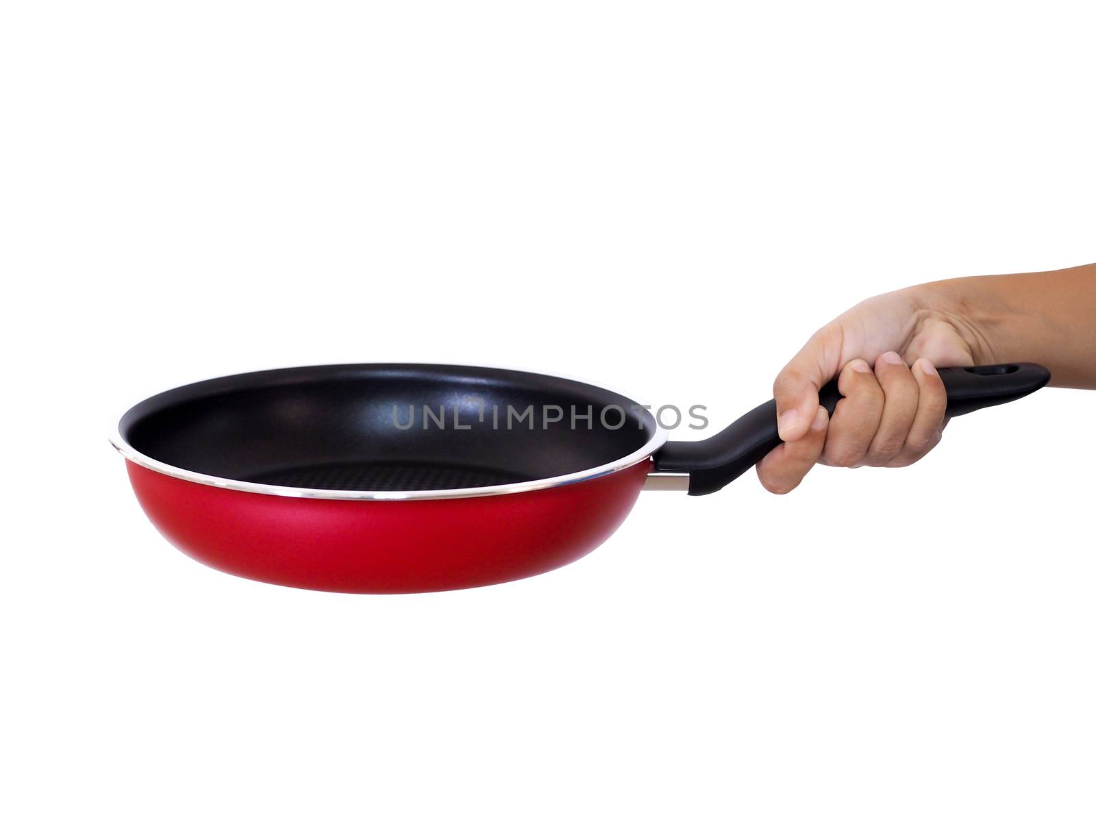 Hand holding red frying pan isolated on white background