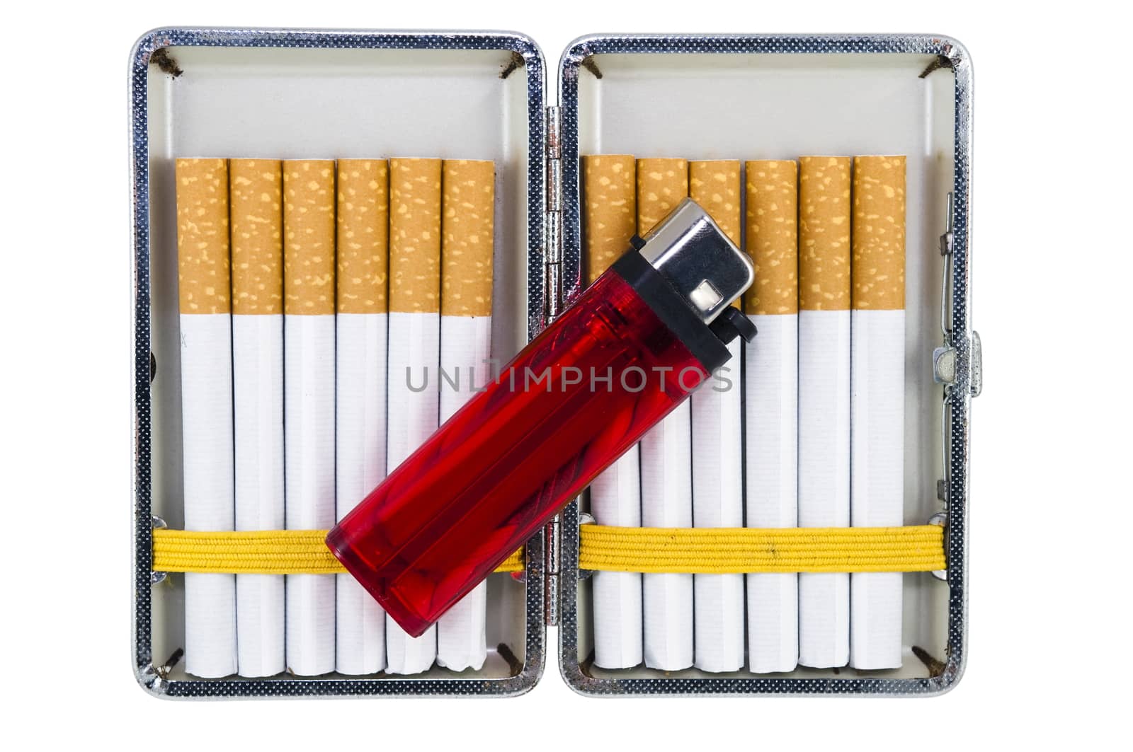 cigarette case with cigarettes and a lighter isolated on white background