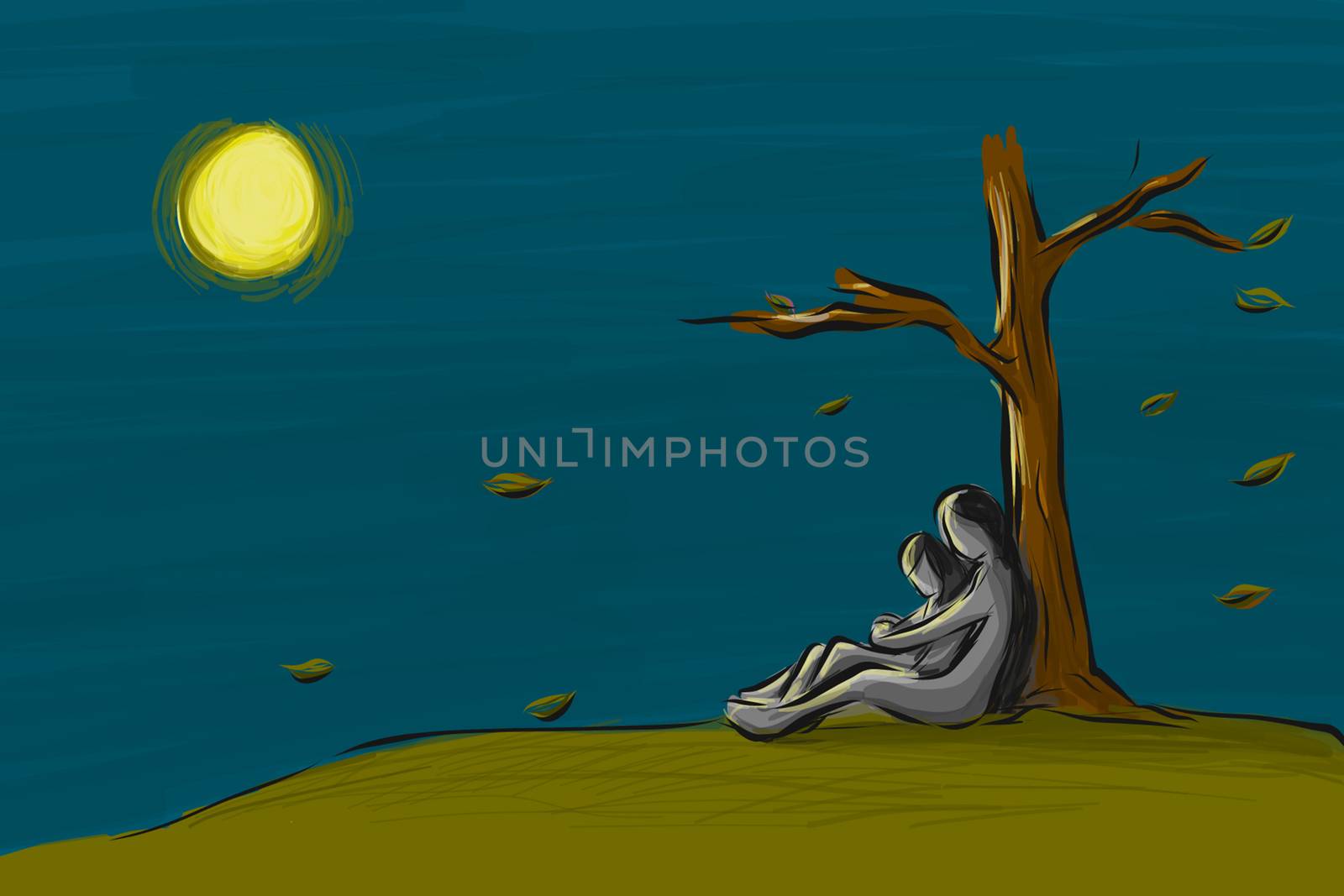 love couple sit together under the tree in fall season at the night with moonlight , sketch style by asiandelight