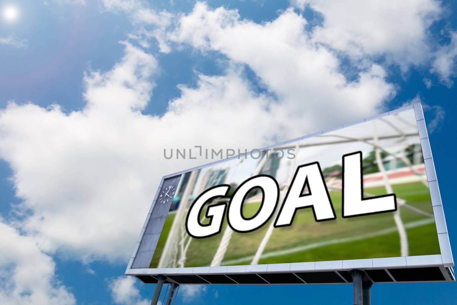 text GOAL on led scoreboard , blue sky background. sport concept by asiandelight