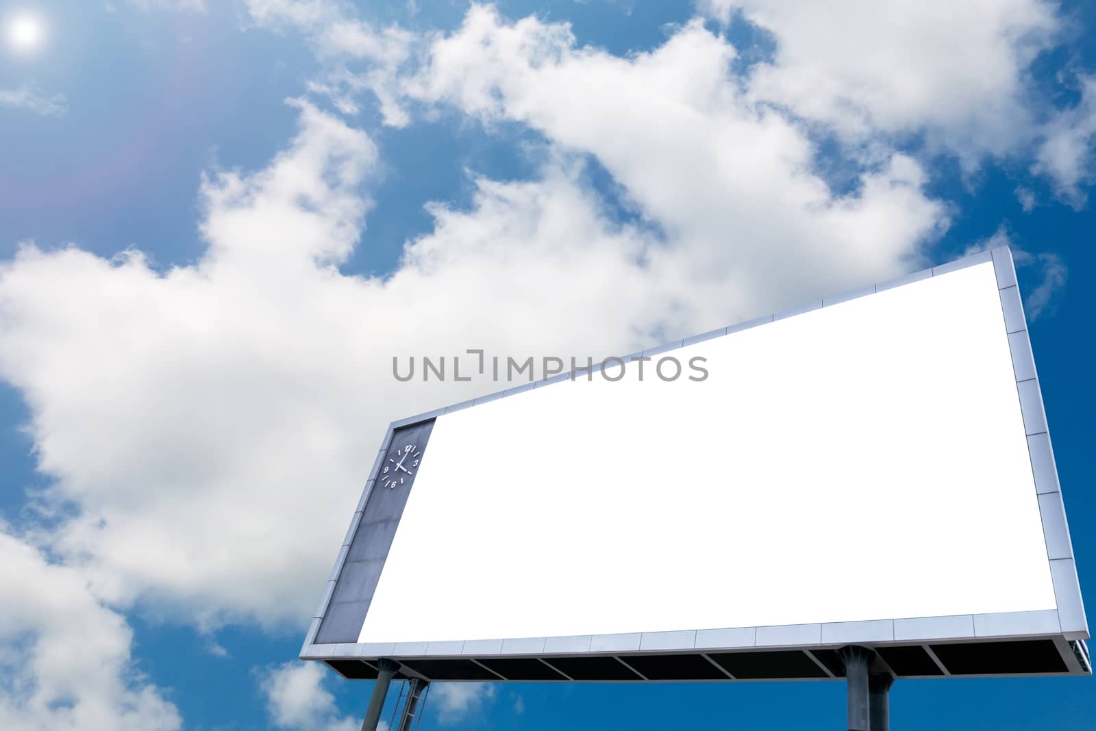 Blank white billboard at blue sky background with analog clock
