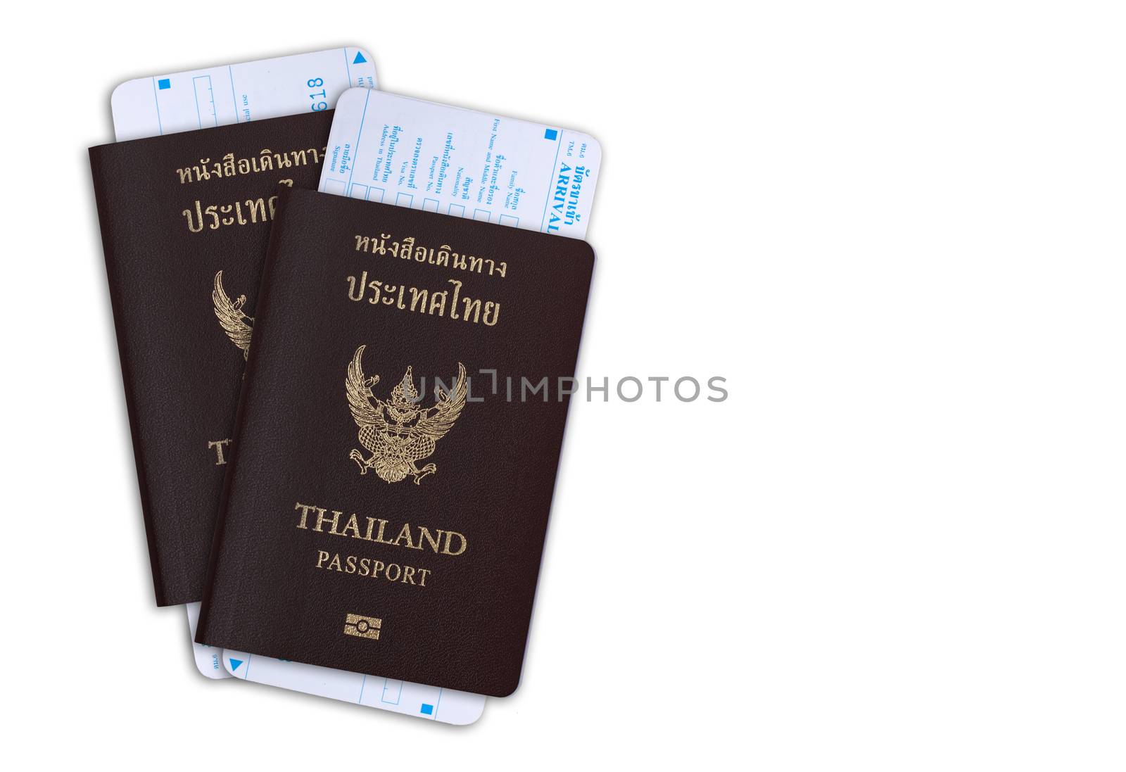 Thai passport with departure card from immigration bureau isolated on white background with clipping path by asiandelight