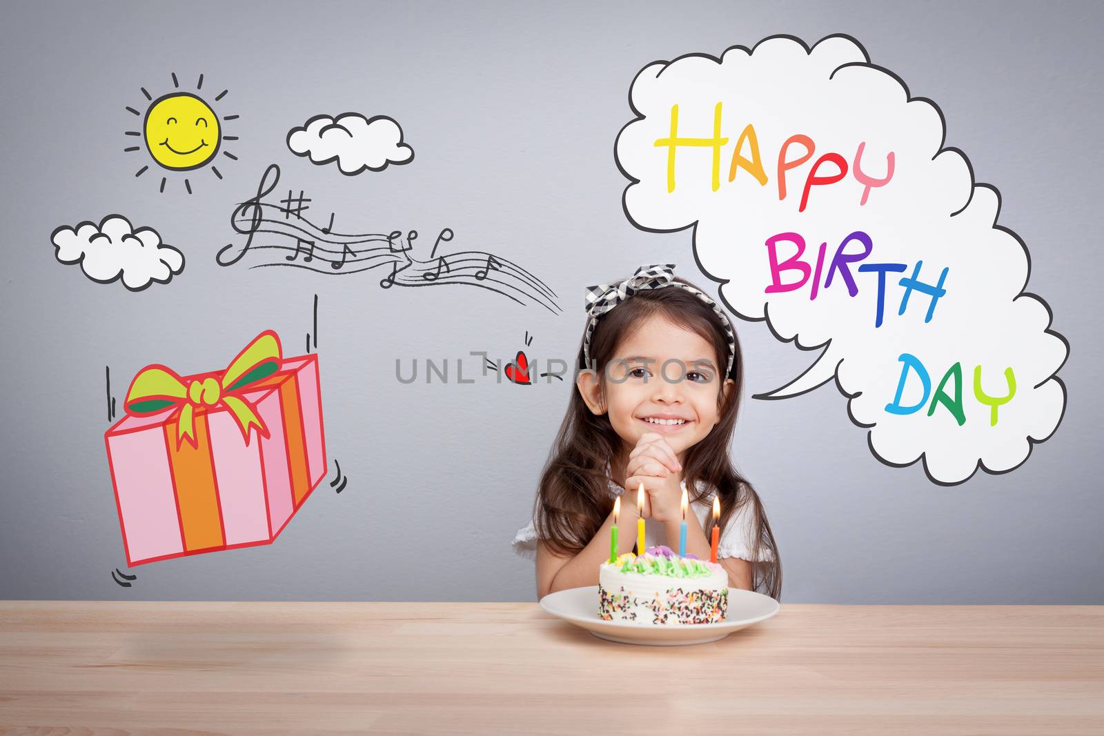 cute girl make a wish on birthday cake with candle. Happy Birthday background. Greeting background for card, flyer, poster, sign, banner, web, postcard, invitation. Abstract fest background for text, type, quote by asiandelight