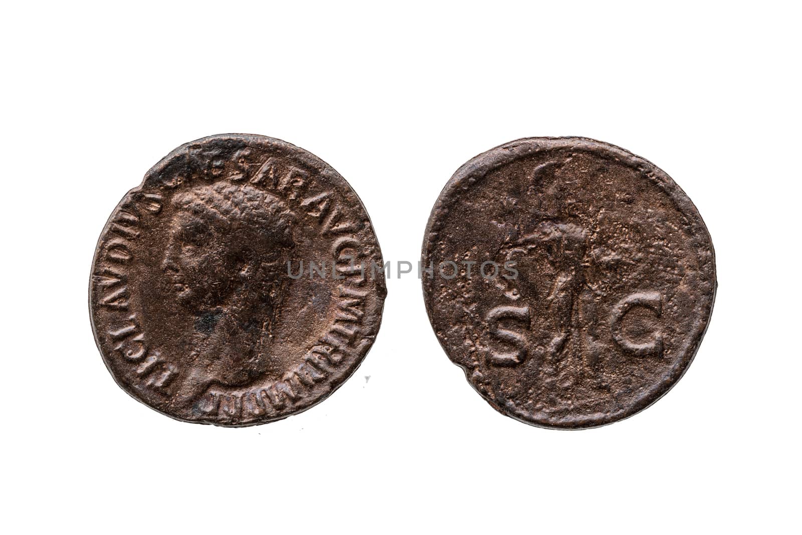 Roman As Replica Coin of  Roman Emperor Claudius 10 BC- 54 AD  obverse and reverse cut out and isolated on a white background