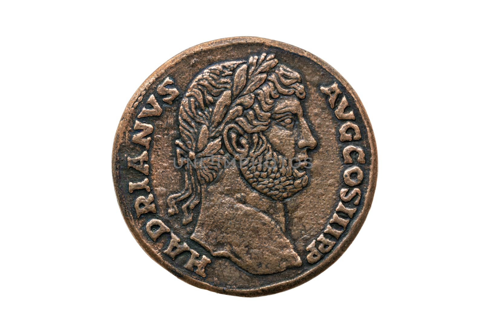 Roman Sestertius Replica Coin of  Roman Emperor Hadrian 117-138 AD portrait obverse cut out and isolated on a white background