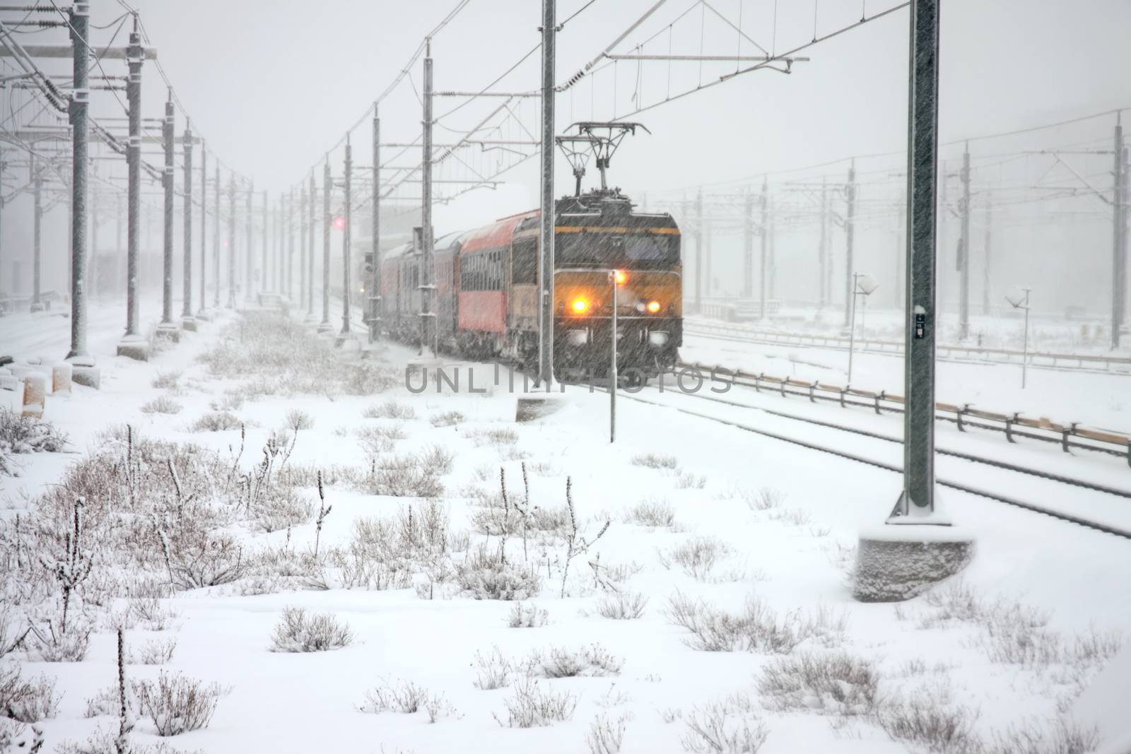 Train driving in snowstorm in winter in the Netherlands by devy