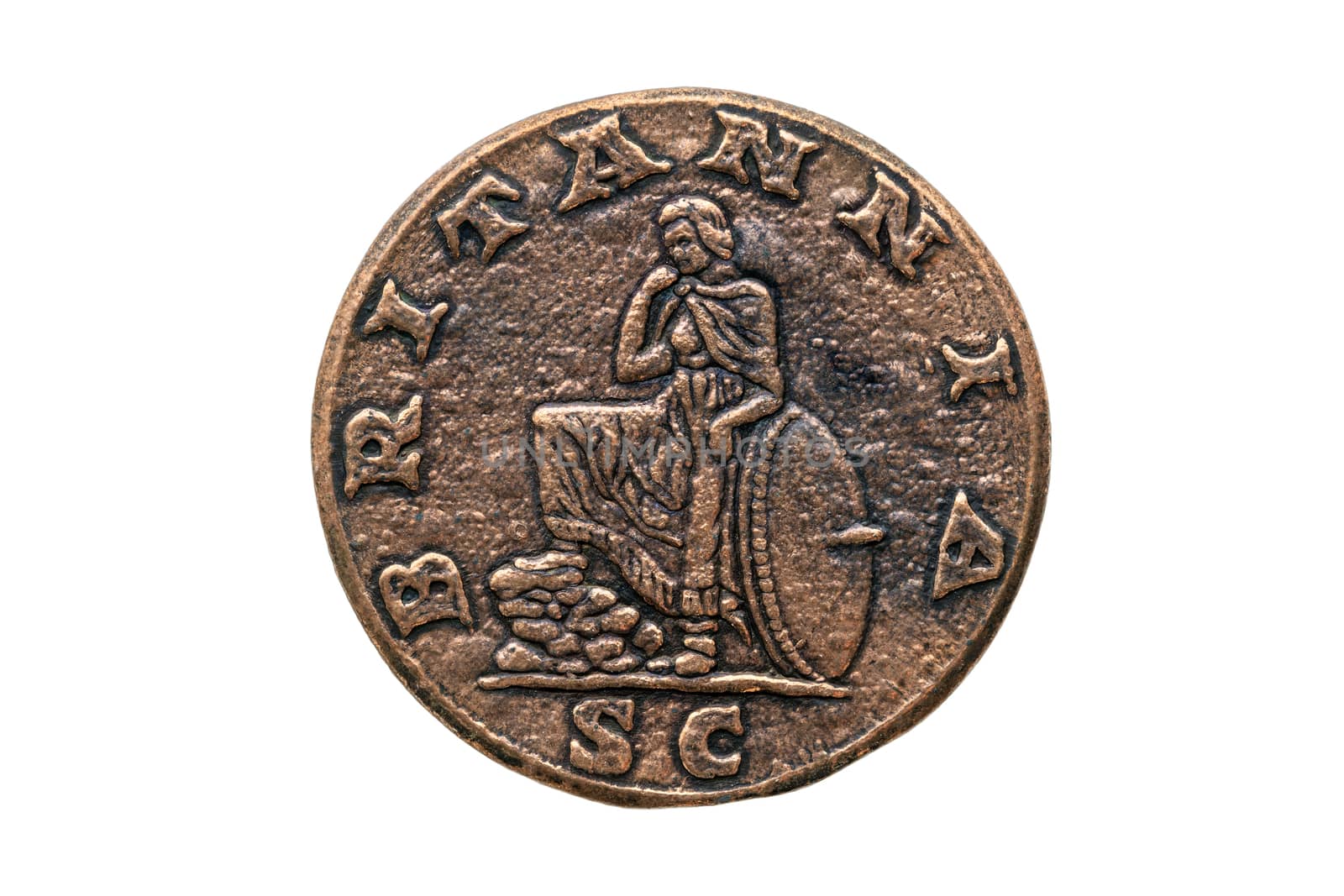 Roman Sestertius Replica Coin of  Roman Emperor Hadrian 117-138 AD reverse side cut out and isolated on a white background