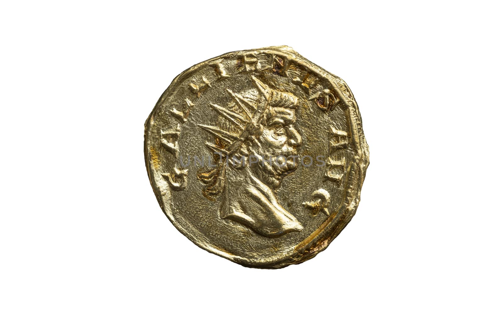 Roman gold aureus replica coin obverse of Roman Emperor Gallienus 253AD-268AD cut out and isolated on a white background