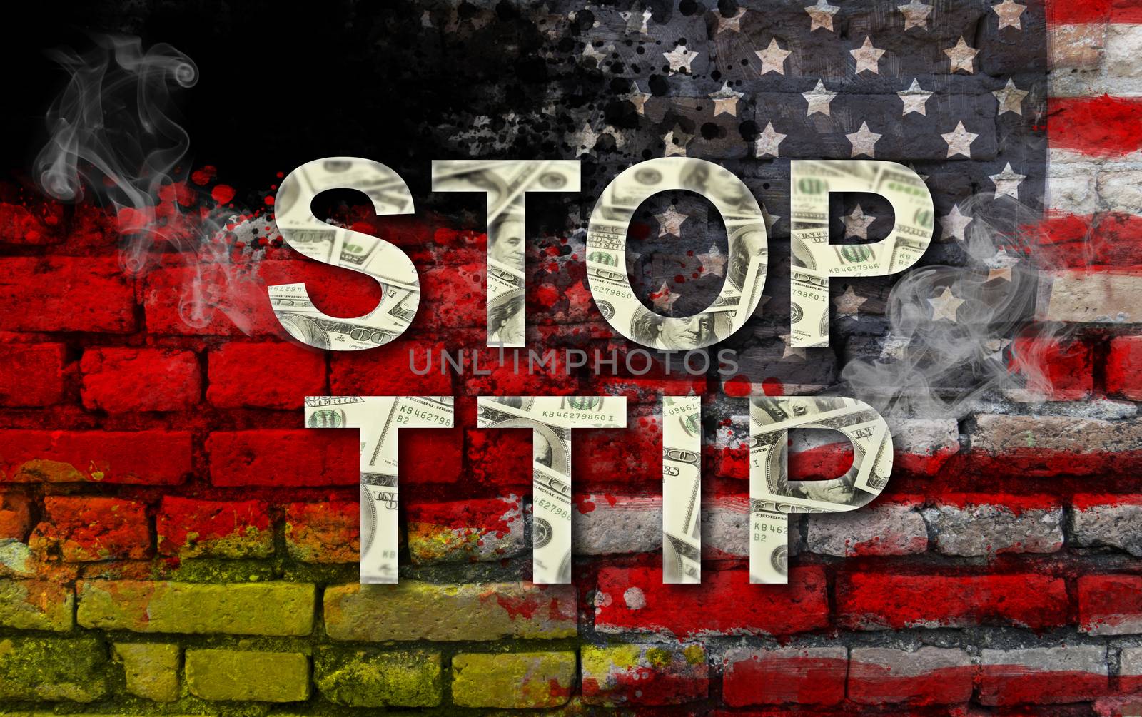 STOP TTIP - Transatlantic Trade and Investment Partnership. United States of America and Germany flags and TTIP text by asiandelight