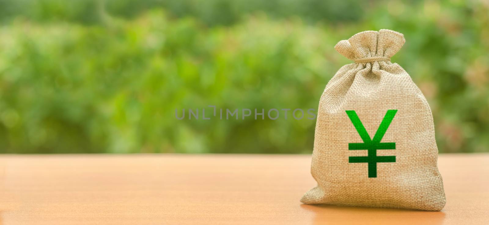 Money bag with Yen or yuan symbol. Attracting investment to development and modernization. Business, budget, financial transactions. Available loans and subsidies, Copy space. Banner by iLixe48