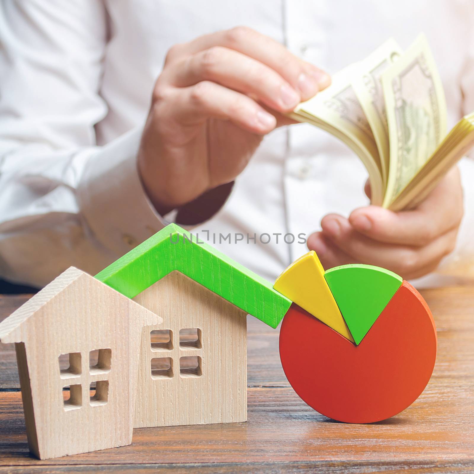 Houses with pie charts and a man counting money. Research of the real estate market and price trend. Budget, maintenance costs, utilities, bills. Energy efficiency, emissions. Business planning by iLixe48