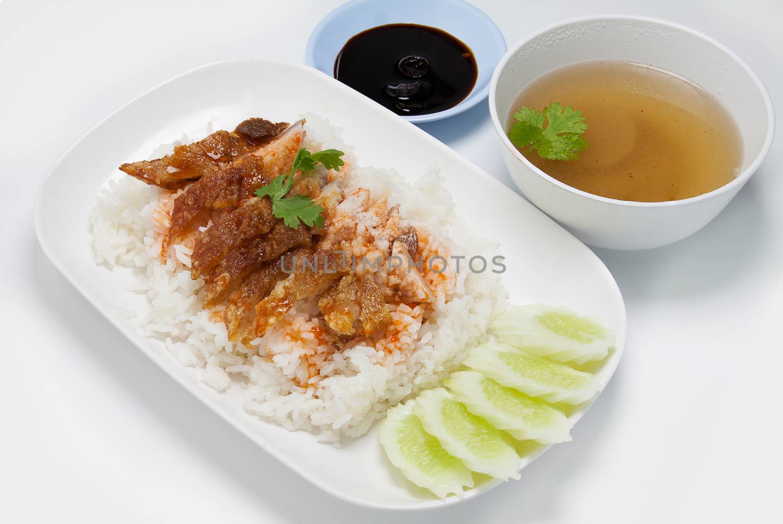 BBQ Pork and Crispy Pork with Rice. Closeup Useful as background for design-works. (Thai food)