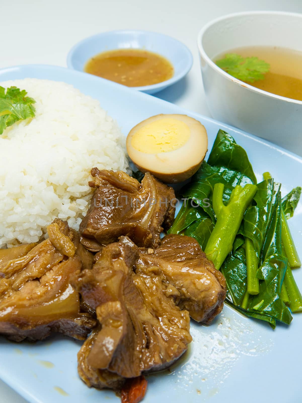 Stewed pork on rice isolated on white background. closeup by asiandelight