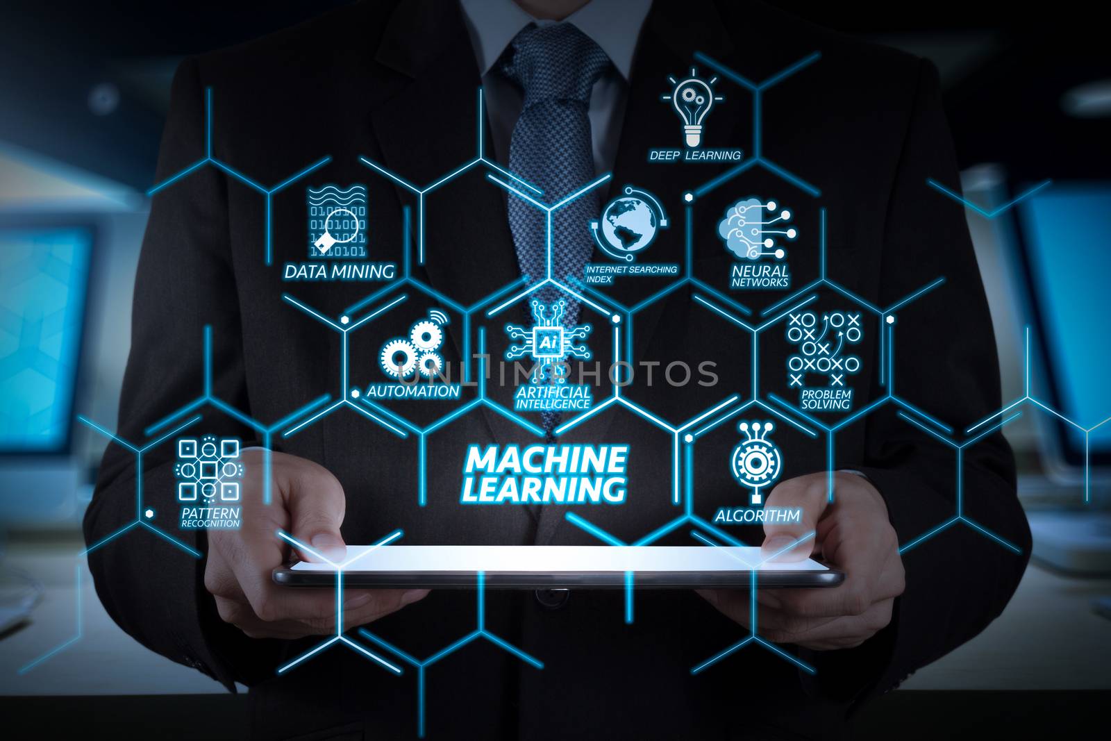 Machine learning technology diagram with artificial intelligence (AI),neural network,automation,data mining in VR screen.Businessman hand working with a digital tablet computer.