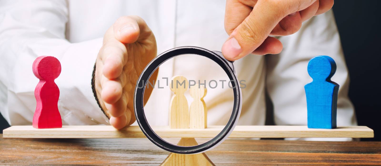 A magnifying glass looks at a man with a palm separates children from mother to father. Depriving a mother of parental rights and transferring children under guardianship. Child custody after divorce. by iLixe48