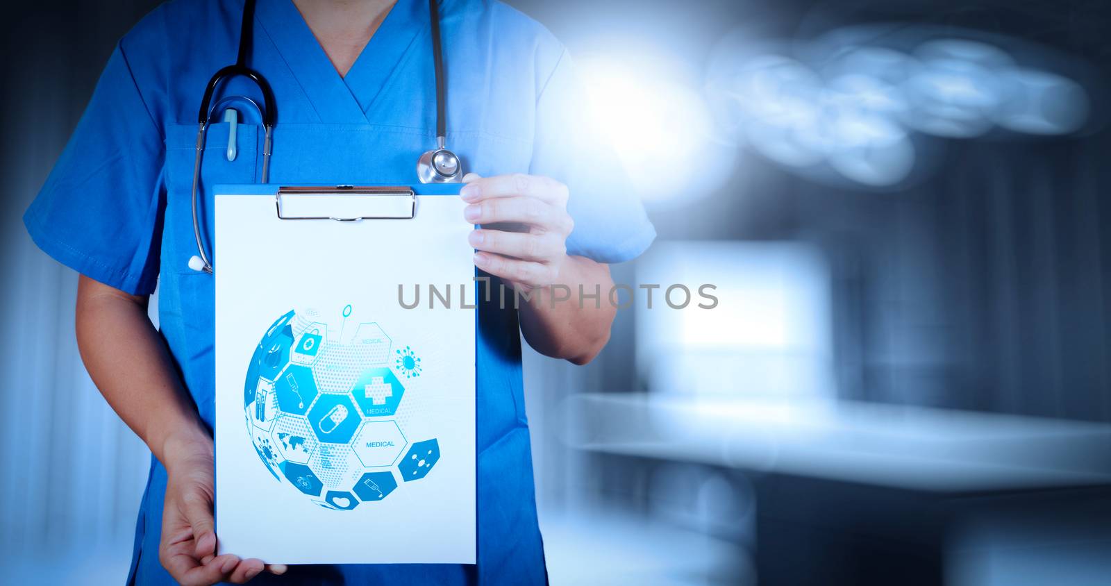 Health care and medical services concept with world or global form and AR interface.success smart medical doctor working with operating room as concept