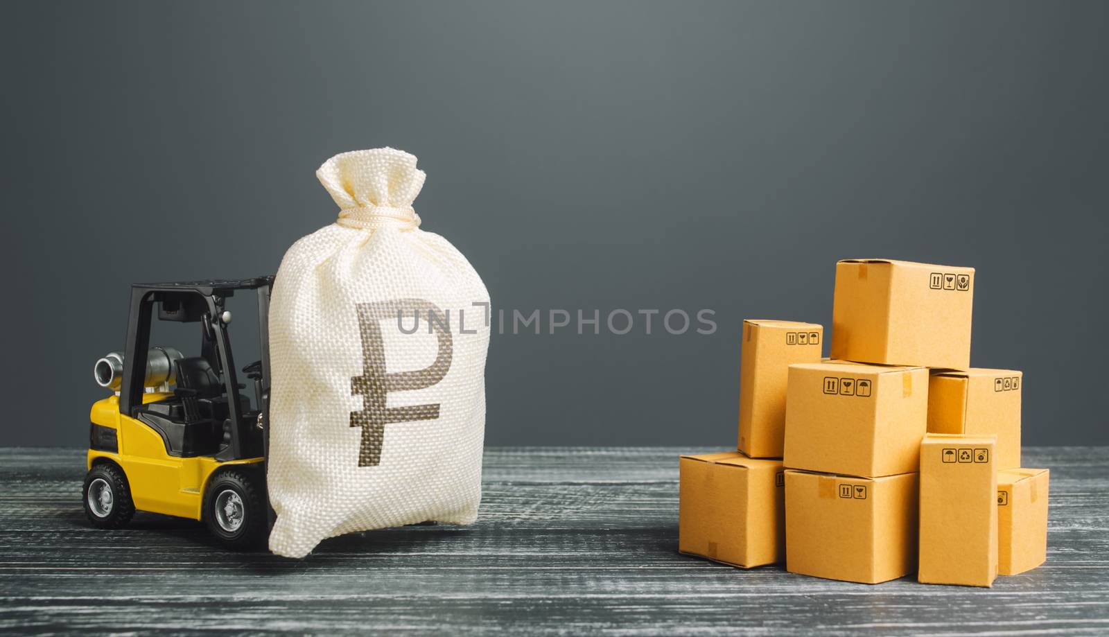 Forklift truck carries russian ruble money bag near the pile of boxes. Profit from trade and exchange of goods. Superprofits. Investments financing in production, taxes, income revenues and costs. by iLixe48