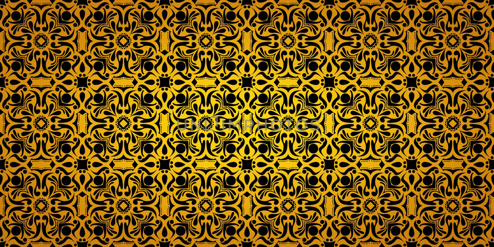 Seamless wide gradient pattern black and gold vintage floral background 
