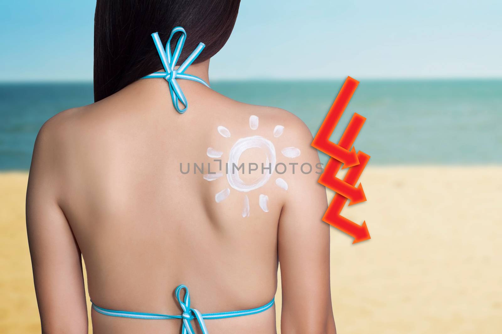 UV reflection skin after protection. Skin care concept. Woman applying sunscreen on her back with sea background. SPF sunblock protection concept. Travel vacation by asiandelight