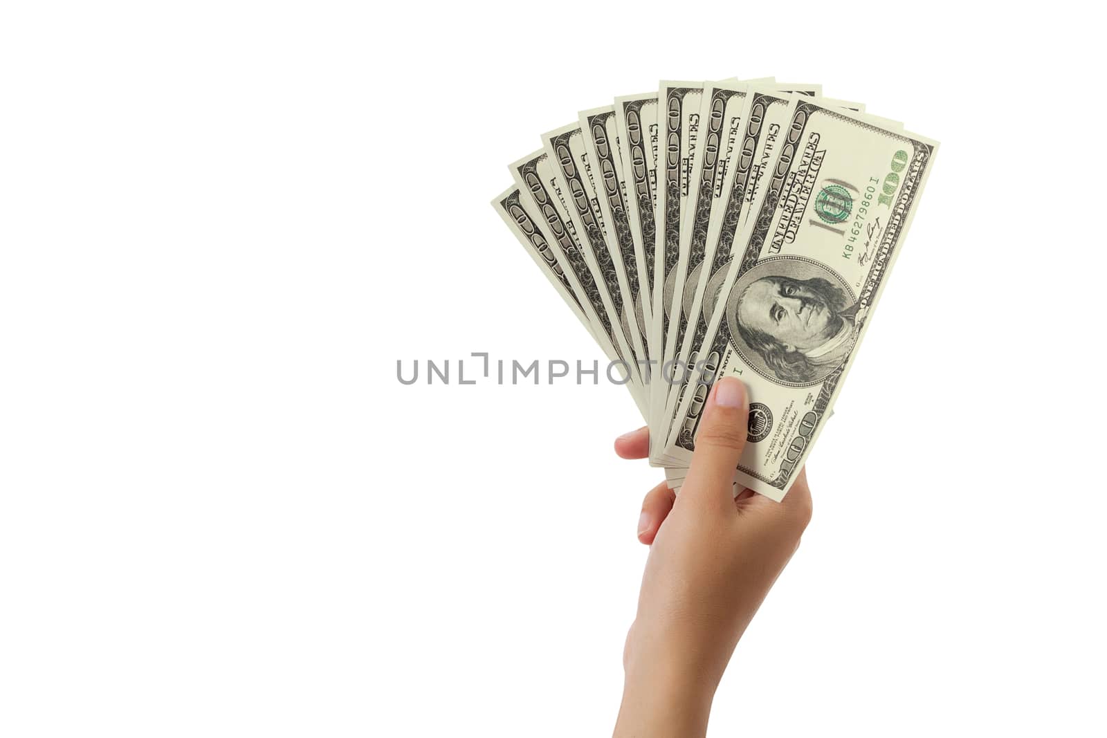 woman hand with one hundred dollars banknote isolated on a white background with clipping path