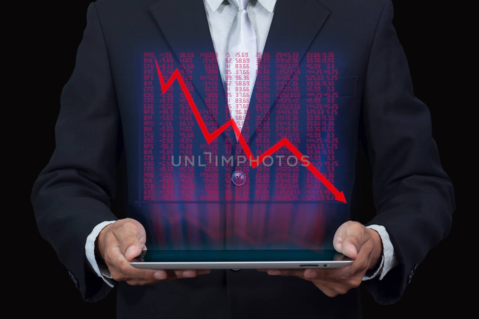 future, technology, business and people concept. fail businessman holding tablet , hologram graph popup from tablet. businessman isolated on black background, clipping path include