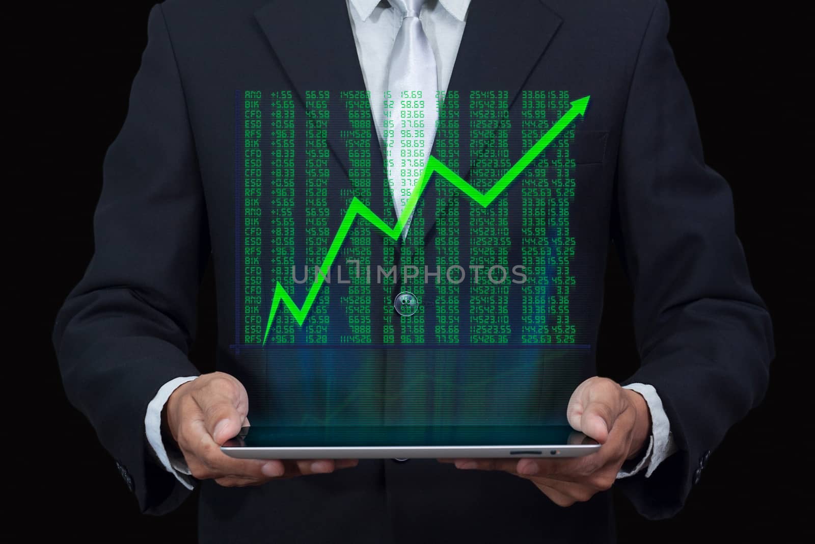 future, technology, business and people concept. success businessman holding tablet , hologram graph popup from tablet. businessman isolated on black background, clipping path include