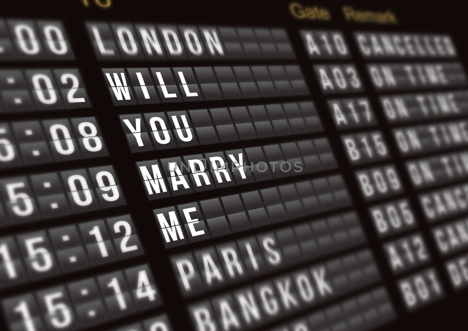 Departure flight board with surprise marriage proposal , Proposal concept by asiandelight