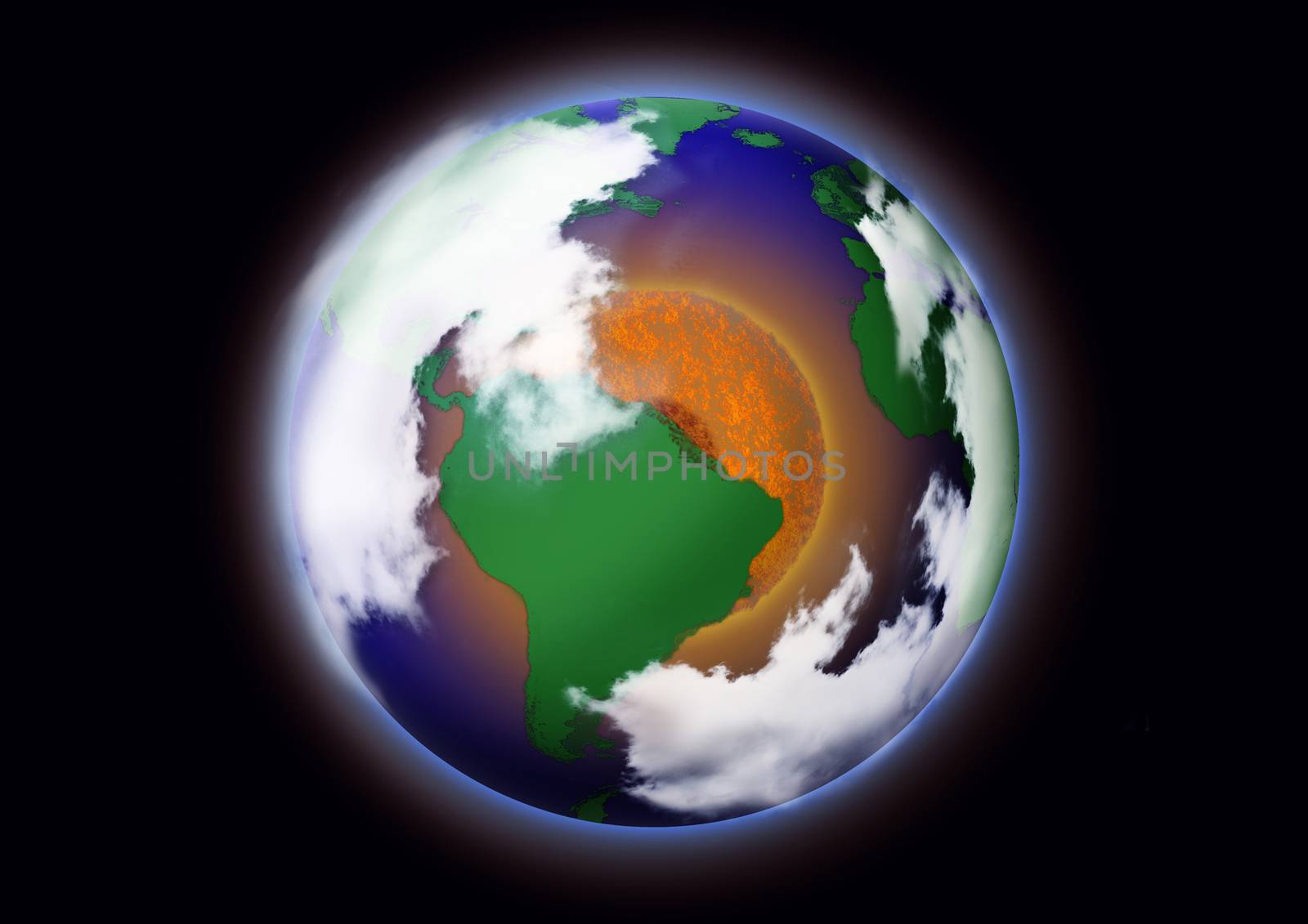 Global warming concept. Picture of the earth with red circle in the middle to convey the warming that is generated by global warming.