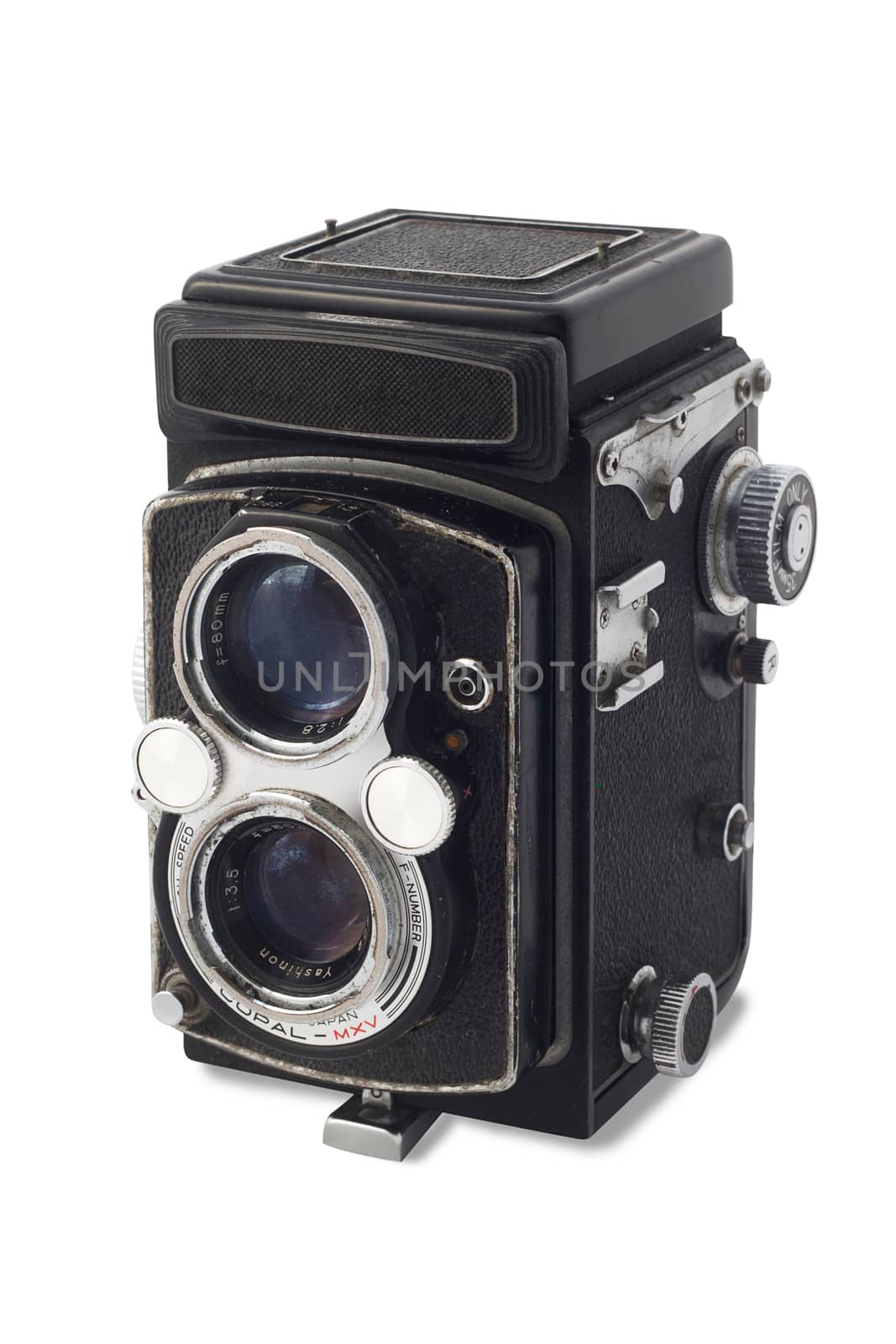 Vintage twin-lens reflex old camera isolated on white background with clipping path by asiandelight