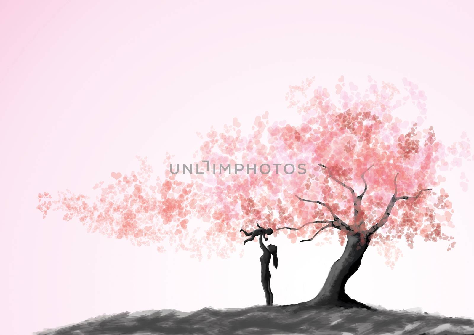 Happy loving family. Mother and child playing under love tree, watercolor painting style. Mother's day greeting card background by asiandelight