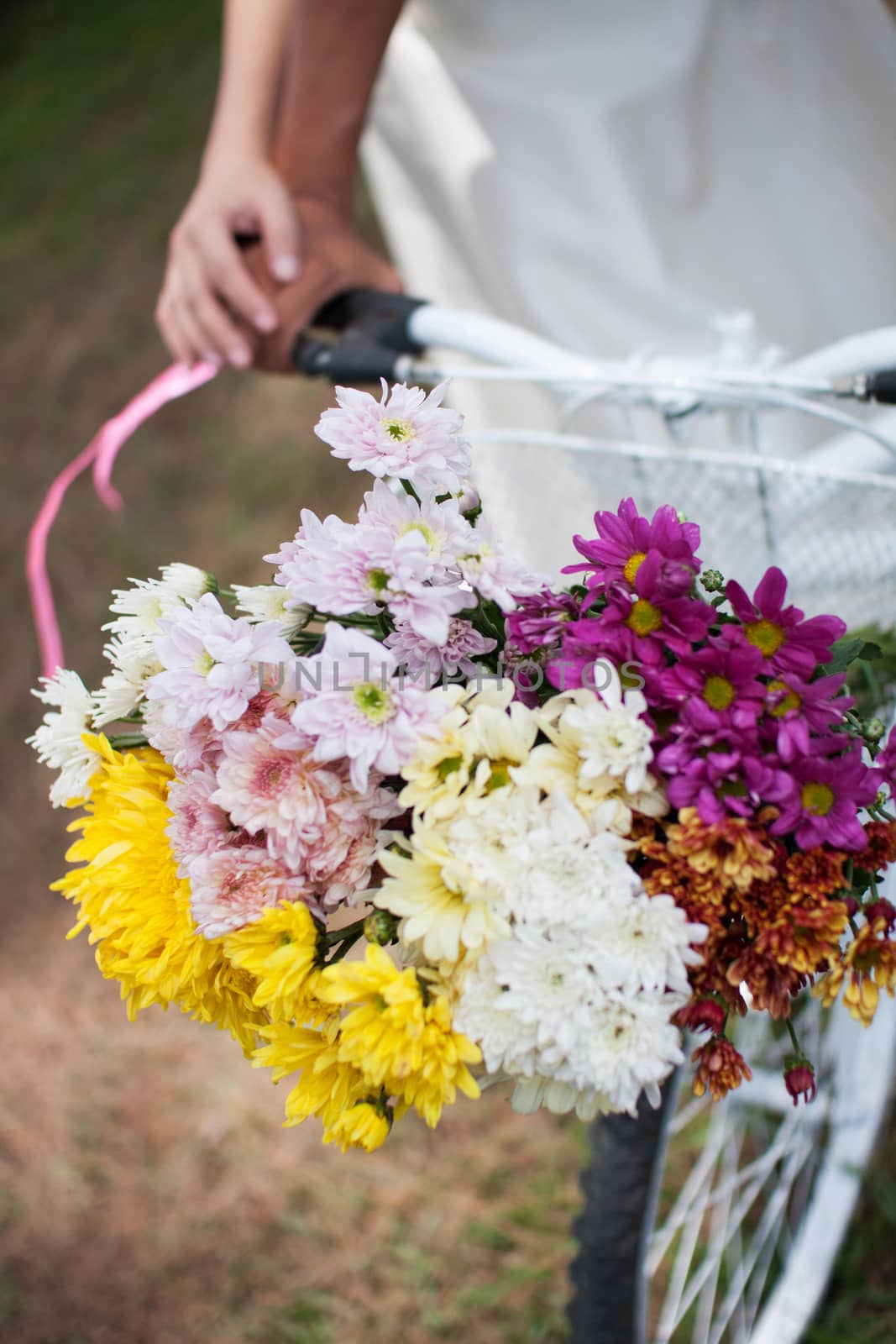 young beautiful romantic black and white couple people holding hand together on bicycle in garden street with colorful bouquet flowers in bicycle basket. romantic relationship ,happy, wedding, together in love, date by asiandelight