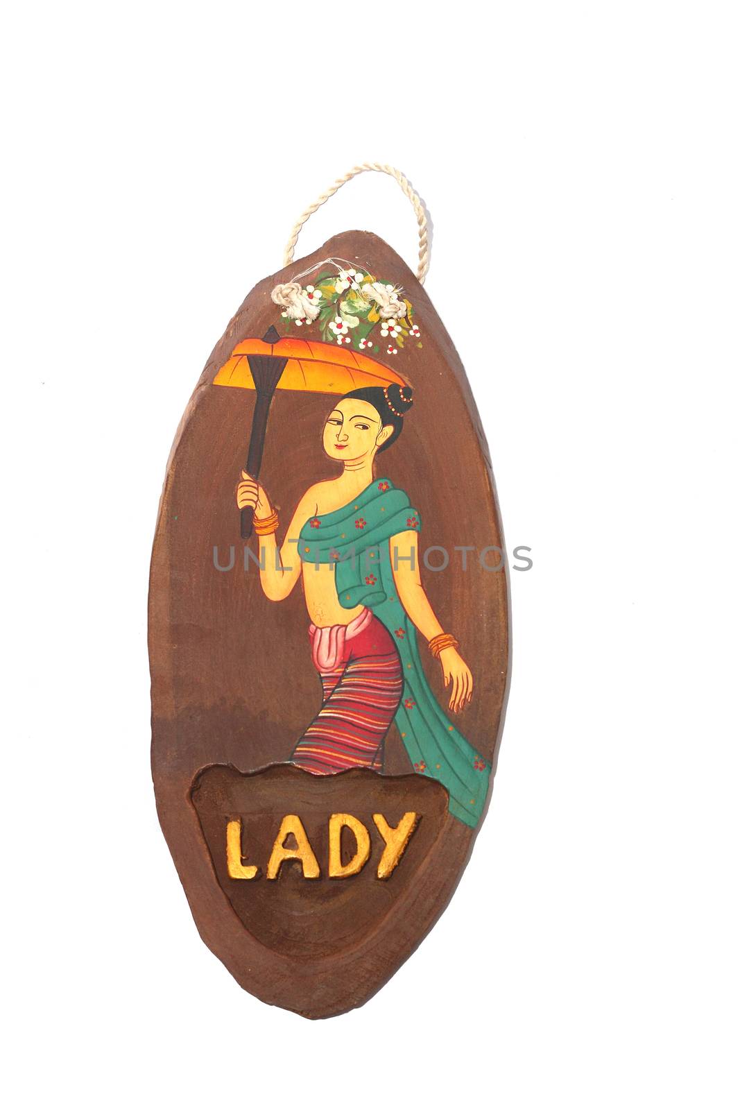 Lady toilet sign. Natural teak wood restroom sign paint Thai art handcraft decorate toilet woman sign isolated on white background by asiandelight