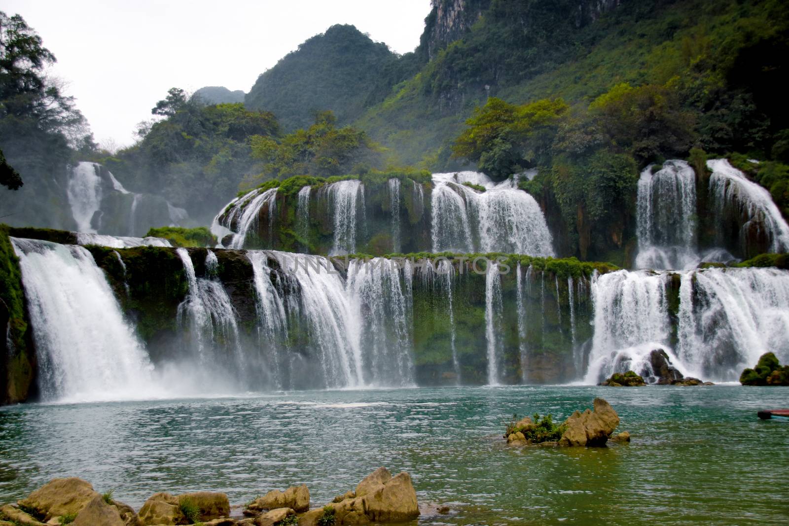 Dark and moody cinematic scenery of Ban Gioc or  Detian Falls in Cao Bang, Vietnam during the winter season