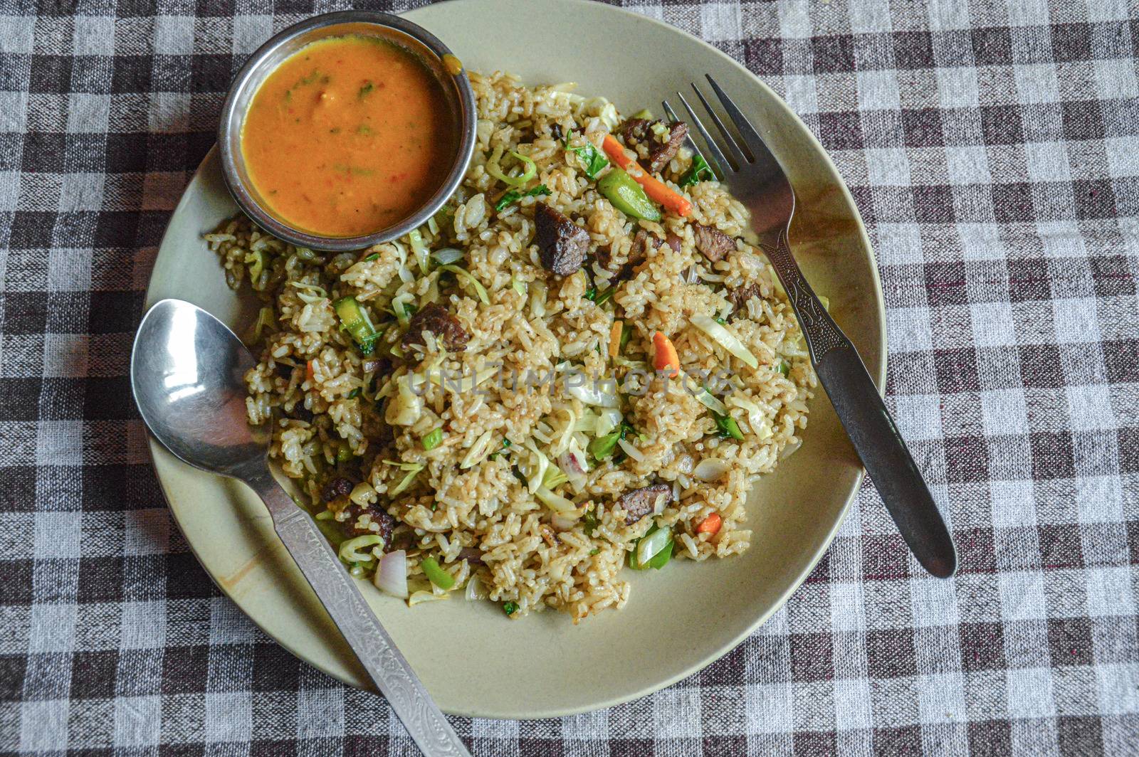 Top view of a plate of home cooked beef biryani