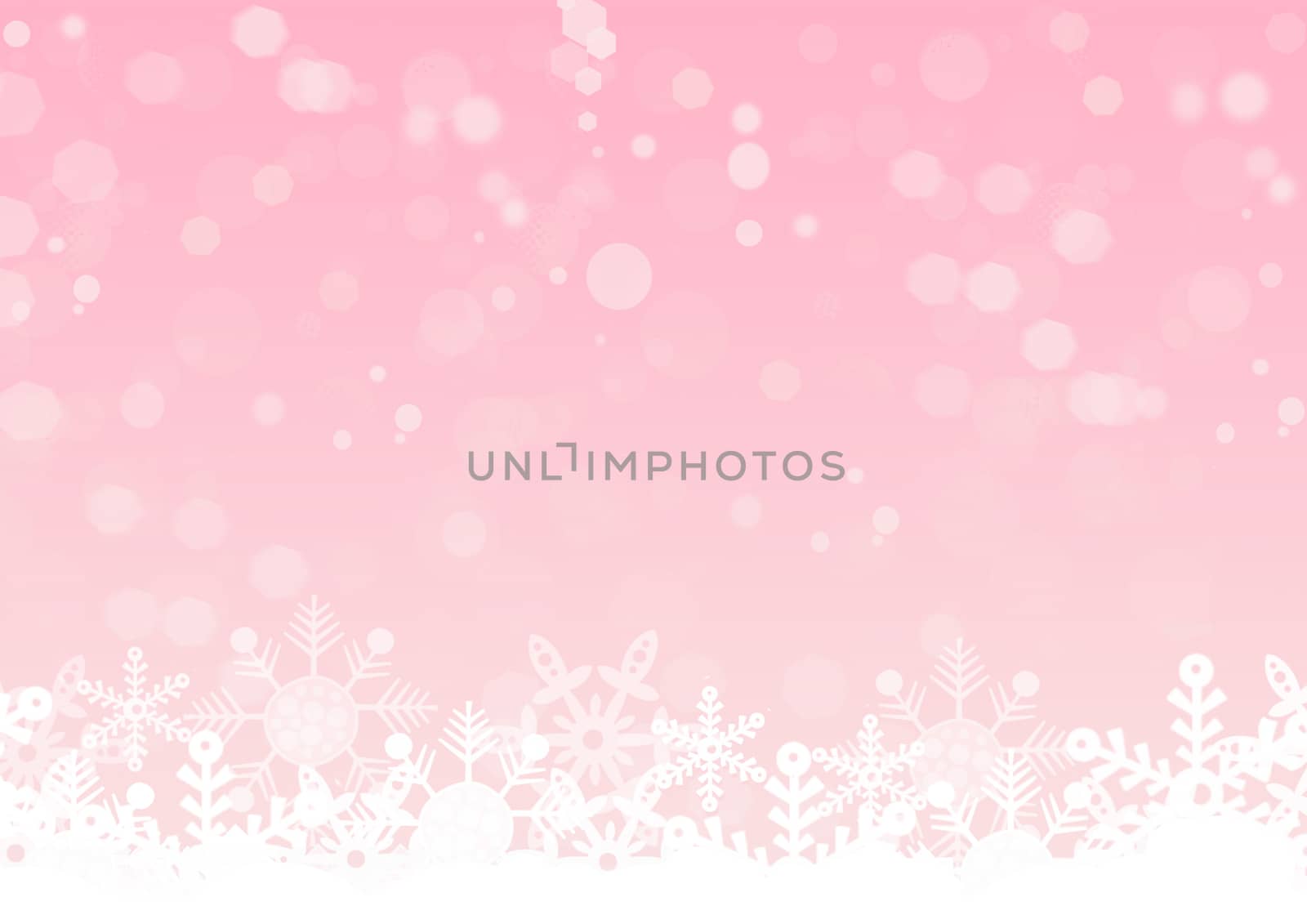 Winter background with snowflakes. White snow flakes on bottom side with bokeh on pink color background