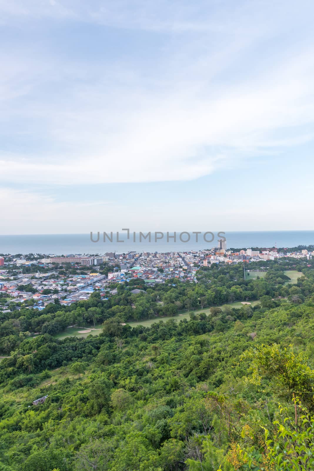 Prachuap Khiri Khan, Thailand - June 17, 2017 : Cityscape view from mountain of Hua Hin. Hua Hin is favourite city for travel in Thailand beautiful beach, sea, hotel and resort at Prachuap Khiri Khan.