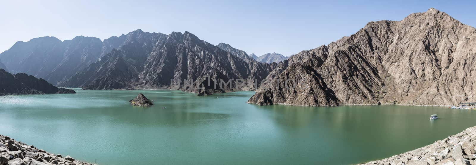 Panoramic view of Hatta Dam  where people can enjoy kayaking and boating on the lake. United Arab Emirates