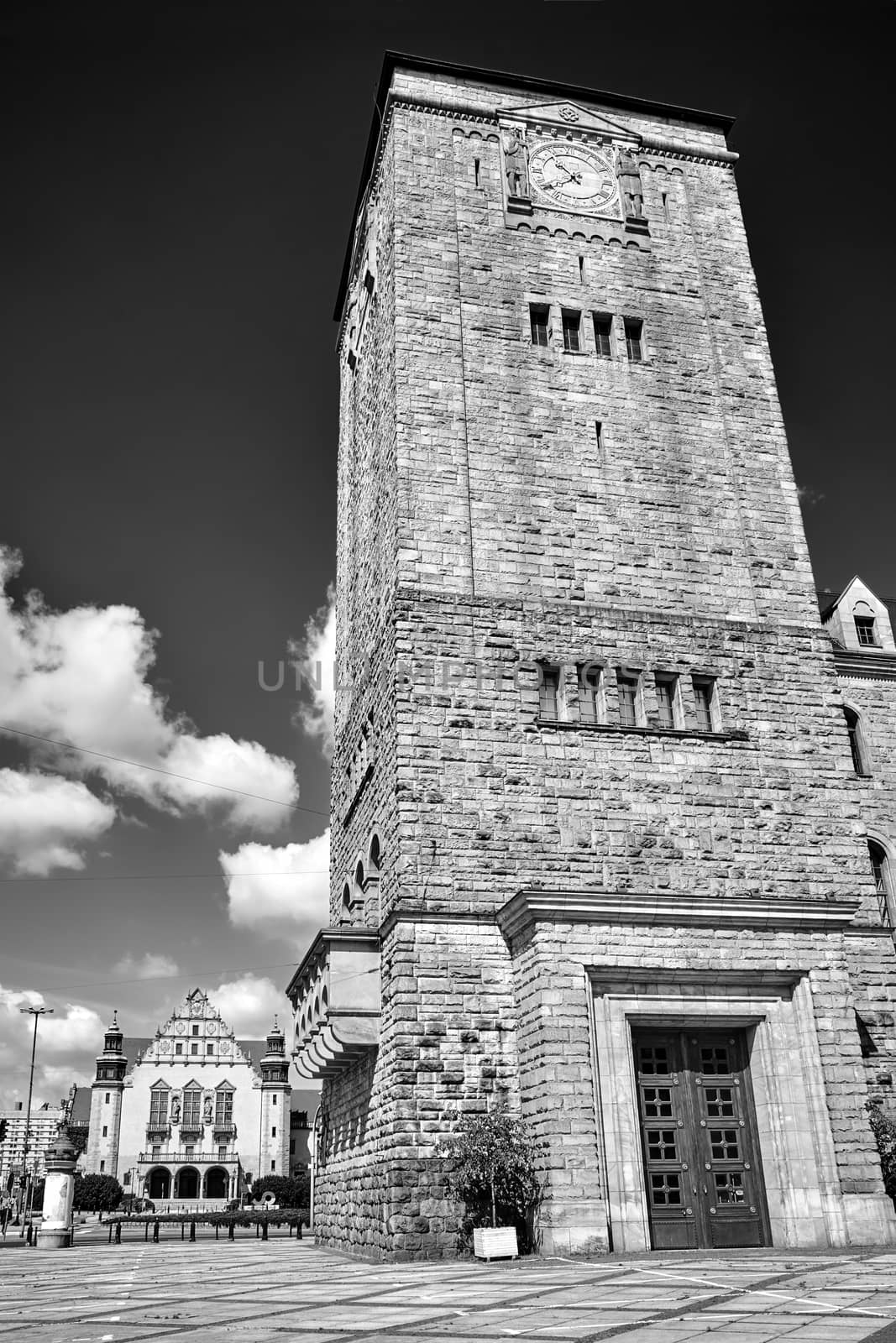 Historic tower of Stone Imperial castle in Poznan, black and white