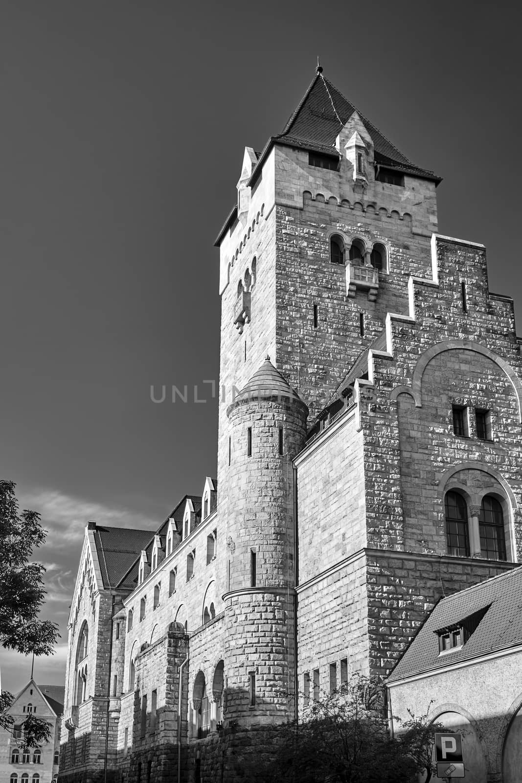 Historic tower of Stone Imperial castle in Poznan, black and white
