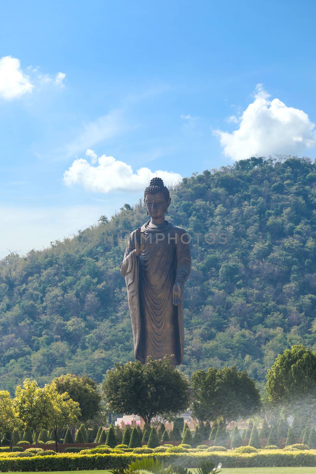 Kanchanaburi, Thailand - March 1, 2018 : Big Buddha statue at Wat Thipsukhontharam, Buddhist temple in Tambon Don Salap, Amphoe Huai Krachao, Chang Wat Kanchanaburi