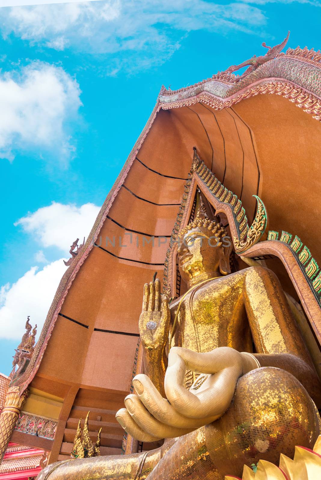 Kanchanaburi, Thailand - March 1, 2018 : Big Buddha statue at Wat Tham Suea, Buddhist temple in Tambon Muang Chum, Amphoe Tha Muang, Chang Wat Kanchanaburi