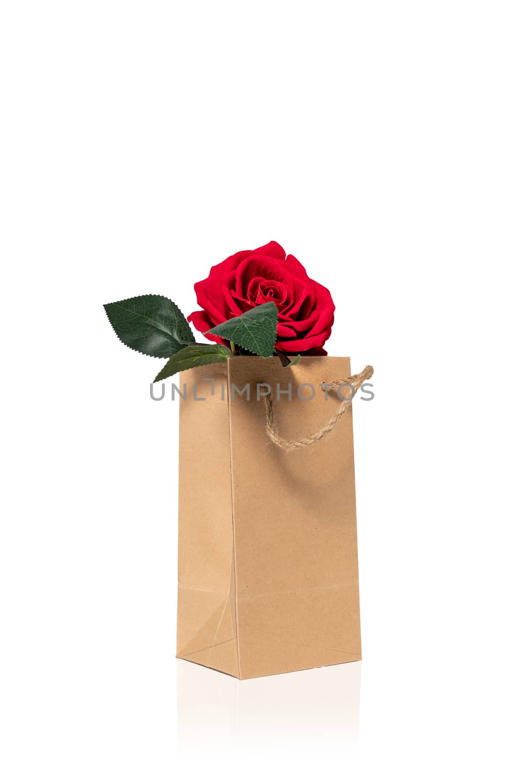 A beautiful single blooming red silk rose in a brown paper bag. Isolated with reflection on white background.
