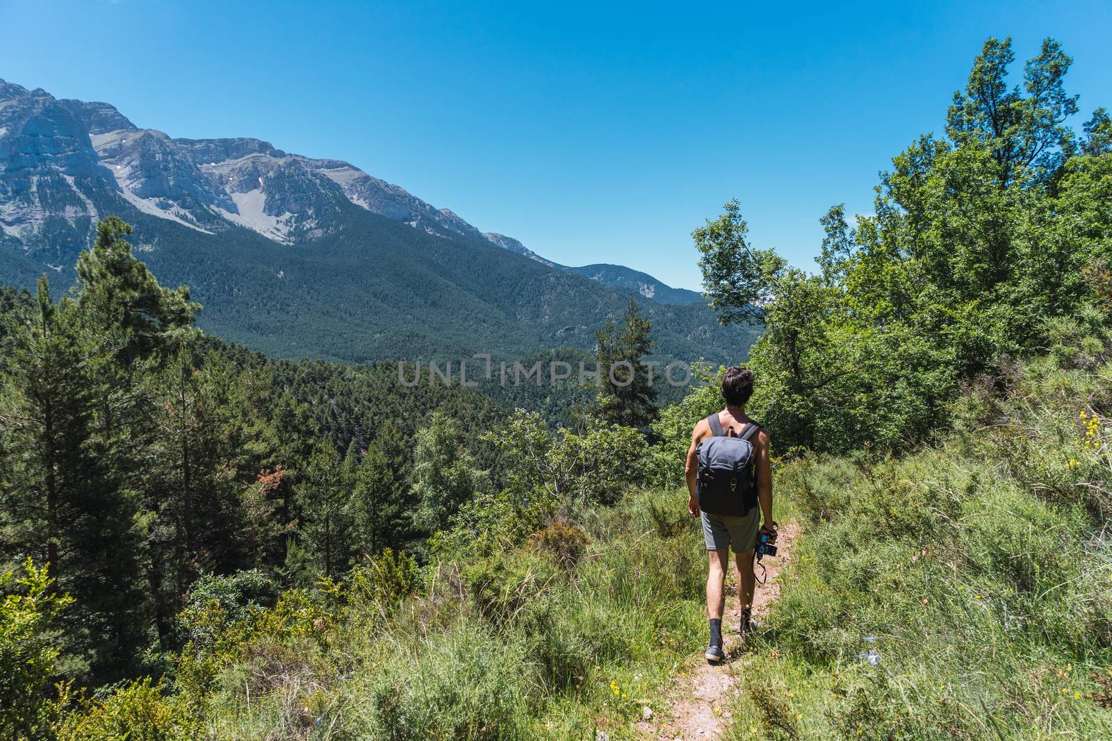 Young male photographer walking through mountains by Dumblinfilms