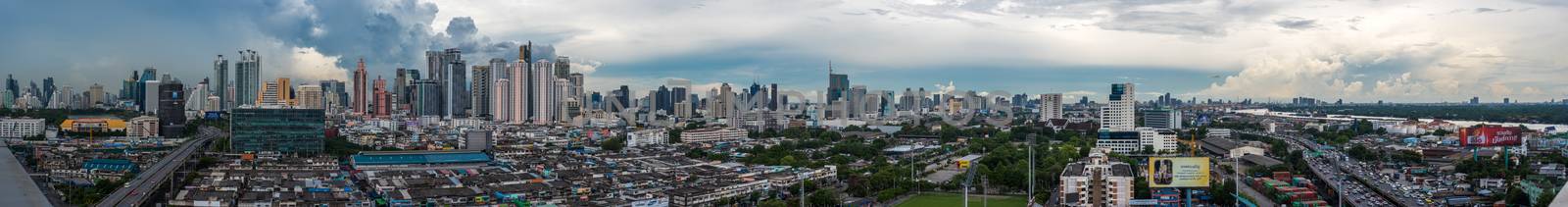 Bangkok, Thailand - May 26, 2018 : Panorama cityscape and building of city in storm clouds sky from skyscraper of Bangkok. Bangkok is the capital and the most populous city of Thailand.