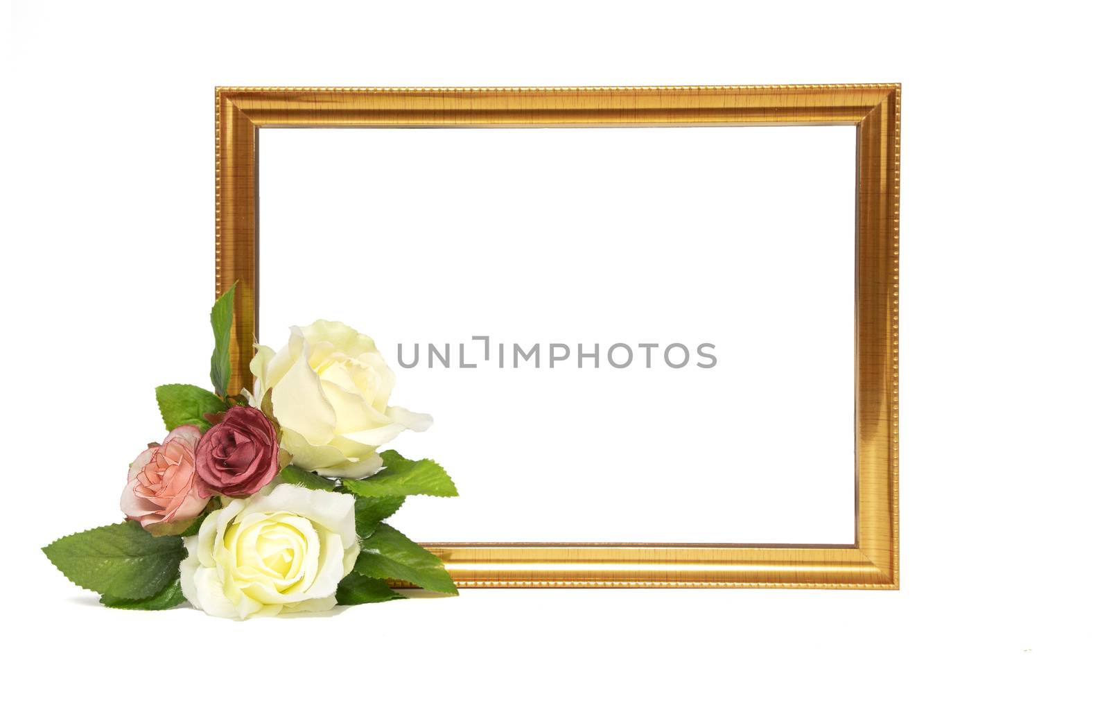 Vintage gold colored wooden frame and beautiful flowers. Mock up template with copy space for text. White background.