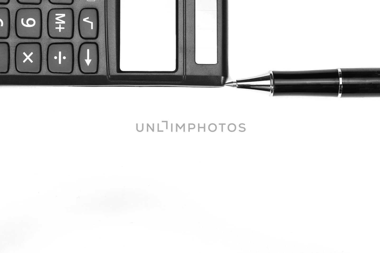 a calculator and a fountain pen, isolated on white background