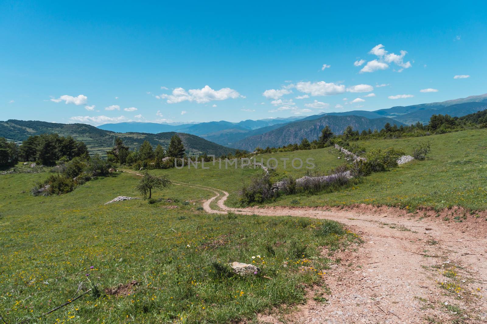 Landscape of the Pyrenees mountains with a road for cars. Tourism, tranquility, stress free, peace concept. Connection with nature