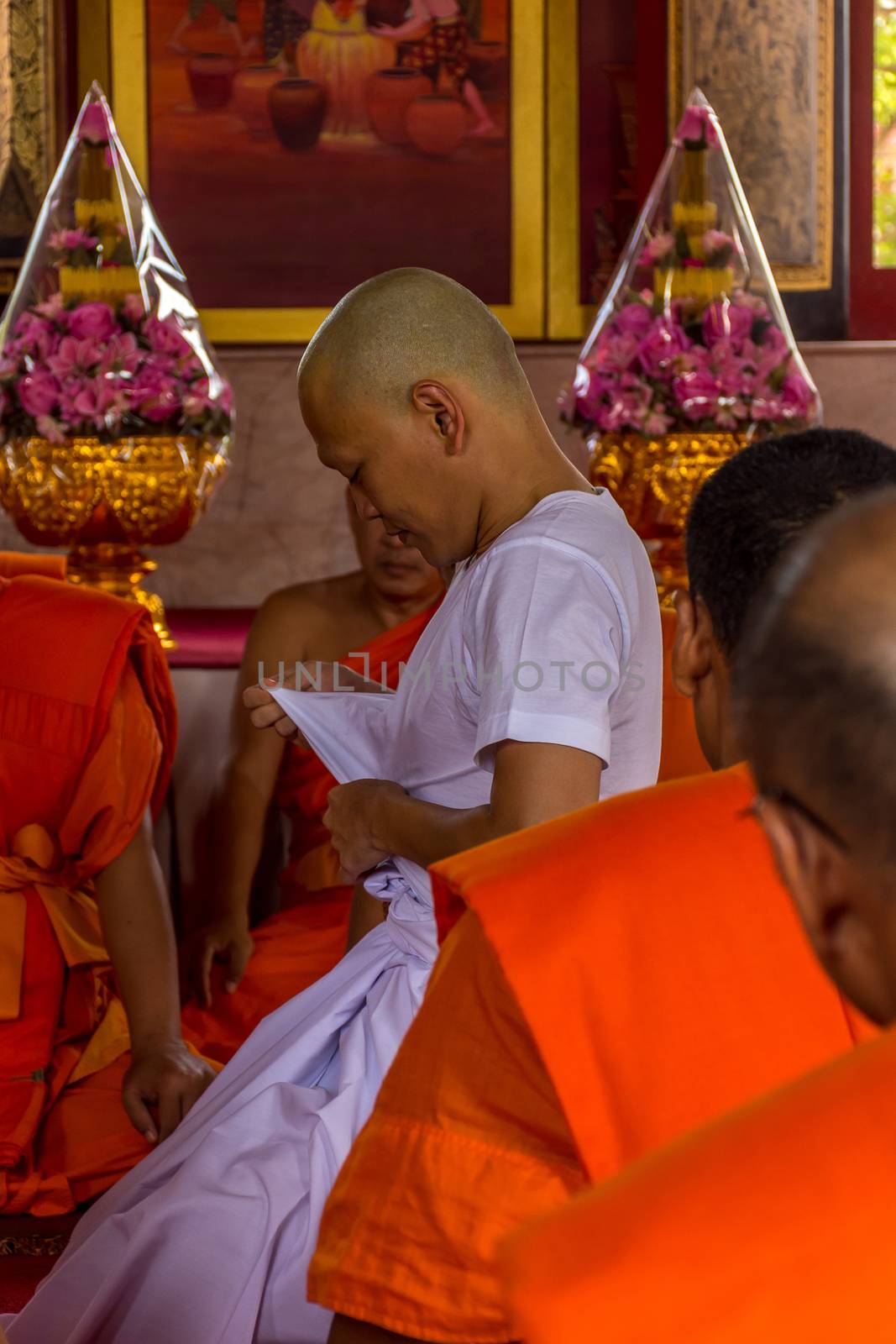 Bangkok, Thailand - July 9, 2016 : Thai monk ritual for change man to monk in ordination ceremony in buddhist in Thailand
