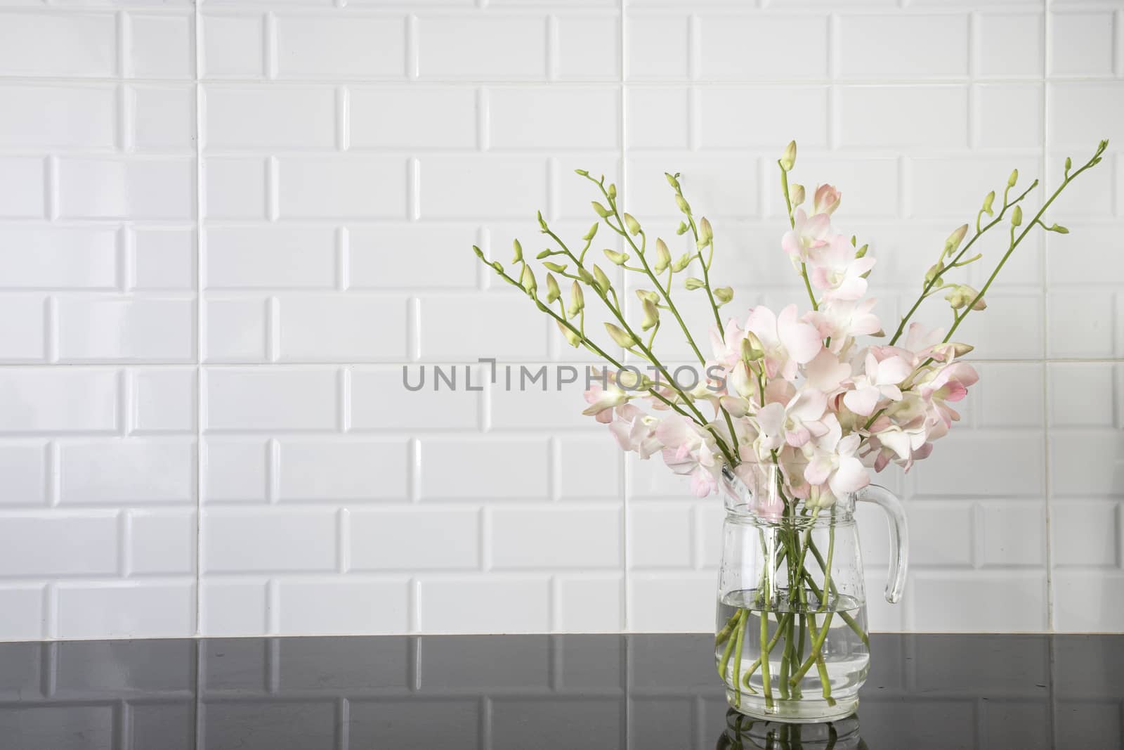 Beautiful pink tropical orchids in a glass jug on black granite kitchen counter and white tile background.